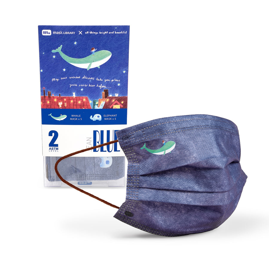 聯乘優惠 | 原價$45【聯乘系列】手繪畫 鯨魚 大象 牛仔藍色成人口罩 限量特別包裝 (10 個一盒)